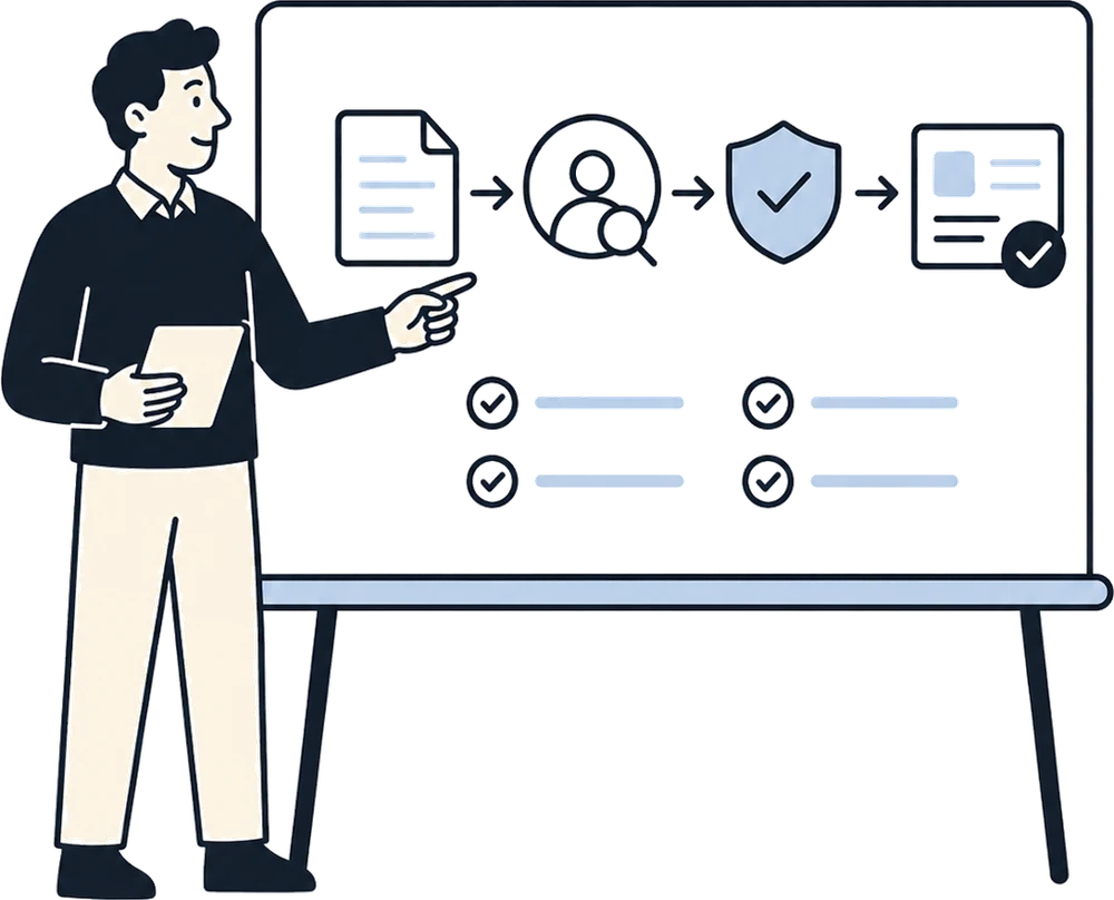 A partner walking through a compliance checklist at a whiteboard