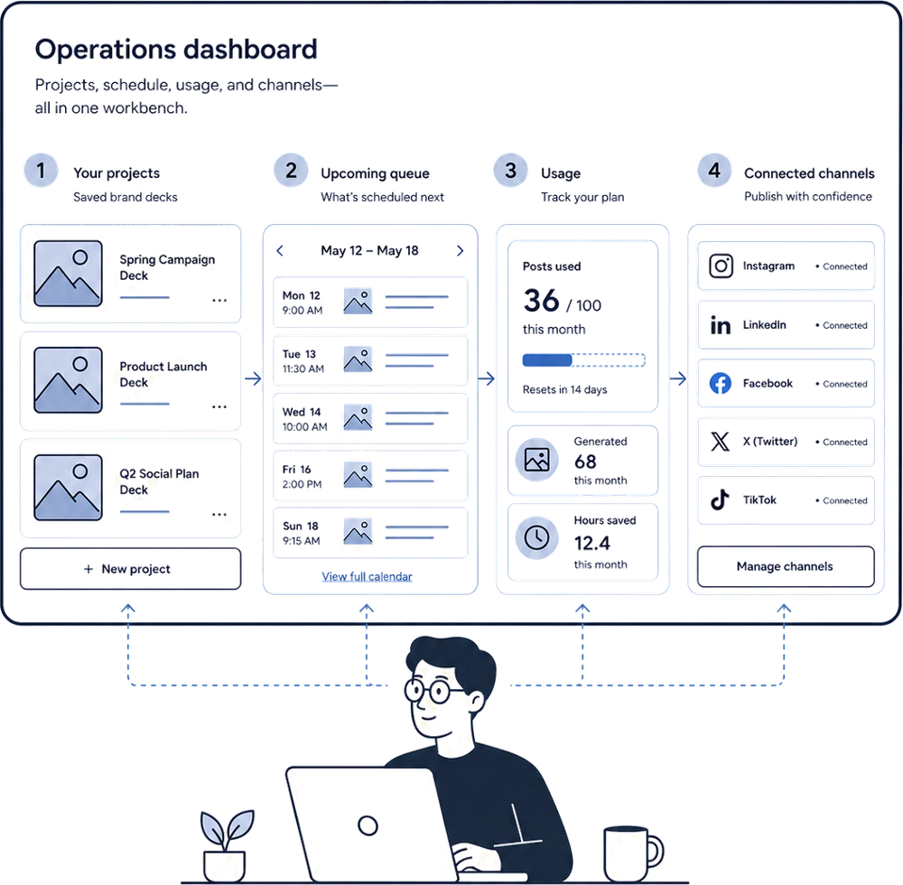 Projects, queue, usage and channels in one dashboard