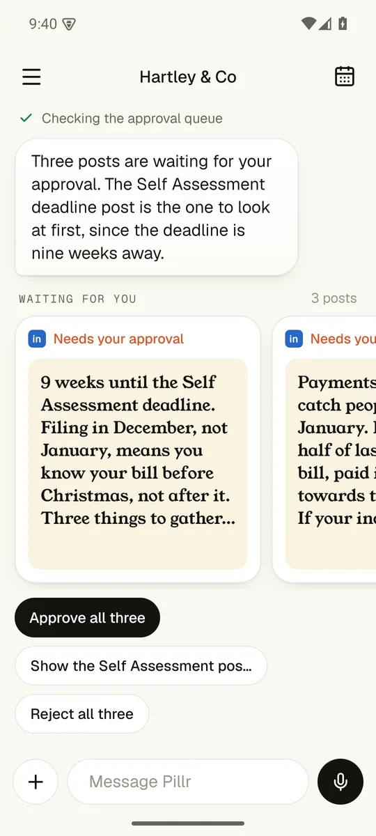 Three posts waiting for approval, with approve all three and reject buttons