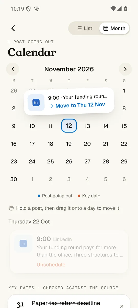 The calendar's month view with a post being dragged onto another day