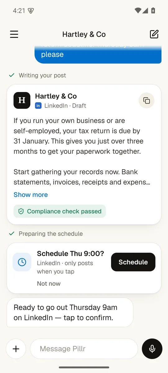 A chat with Pillr: a request, a drafted post that passed its compliance check, and a card asking to schedule it