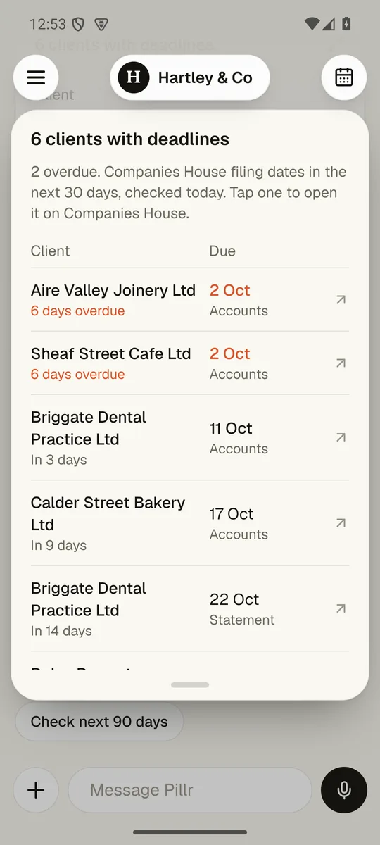 A list of clients with Companies House deadlines, two of them overdue