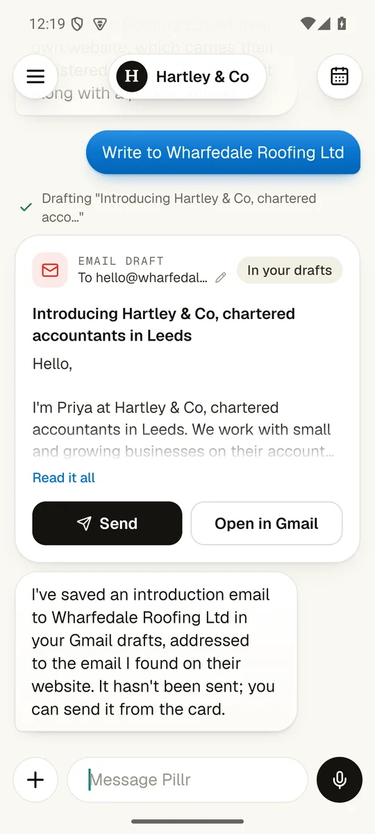 An introduction email to a local business, saved as a draft with send and open in Gmail buttons