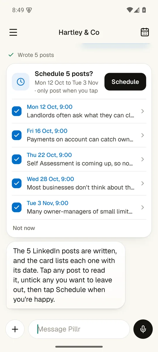 A month of posts listed with their dates, each ticked, and one schedule button