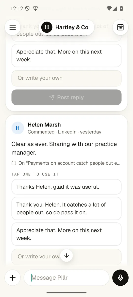 A comment from a reader with three suggested replies to tap