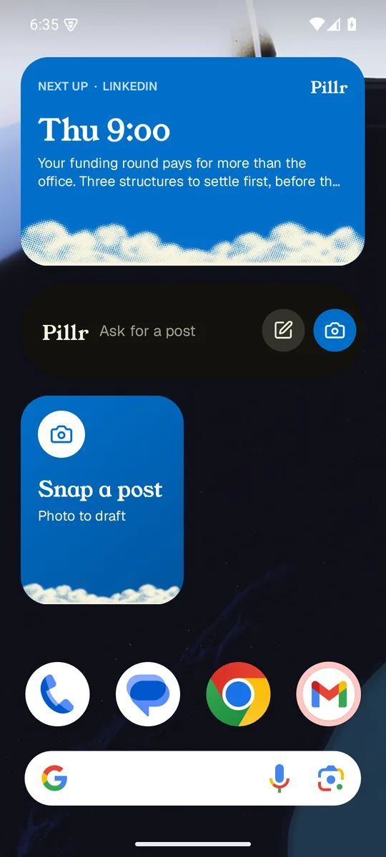 Pillr widgets on a phone's home screen: next up, ask Pillr and snap a post